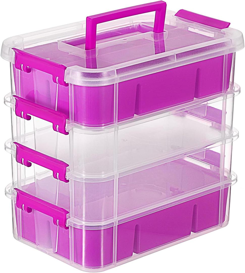 JUXYES 4-Tiers Stack Carry Storage Box With 2 Divided Tray, Transparent Stackable Storage Bin With Handle Lid Latching Storage Container for School & Office Supplies, Purple