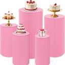 Fivenl 5 Pcs Metal Pleated Cylinder Pedestal Stands for Party, Heavy Duty Pink Round Cake Pedestal Stand Flower Plant Display Plinth Pillars for Wedding Birthday Event Decor (Pink)