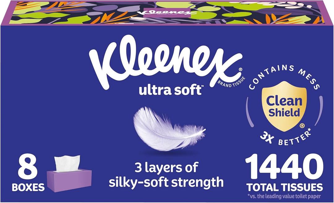 Kleenex Ultra Soft Facial Tissues, 8 Flat Boxes, 180 Tissues per Box, 3-Ply, Packaging May Vary (White)