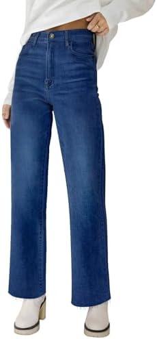 KDF Straight Leg Jeans for Women High Waisted Jeans Frayed Baggy Pants Raw Hem Loose Stretchy Cropped Wide Leg Jeans 12