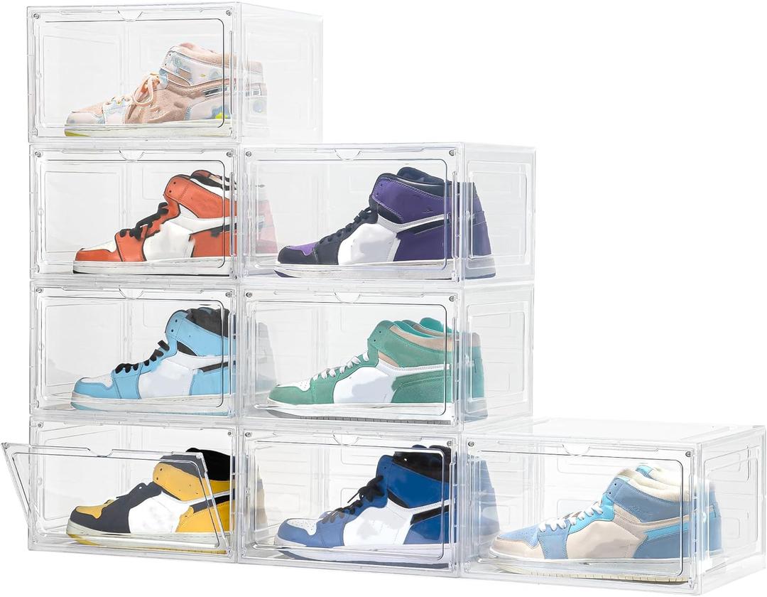 Attelite 8 Pack Shoe Boxes Clear Plastic Stackable, Upgrade Large Shoe Storage Organizer Containers with Magnetic Door for Display Sneaker, Easy Assembly