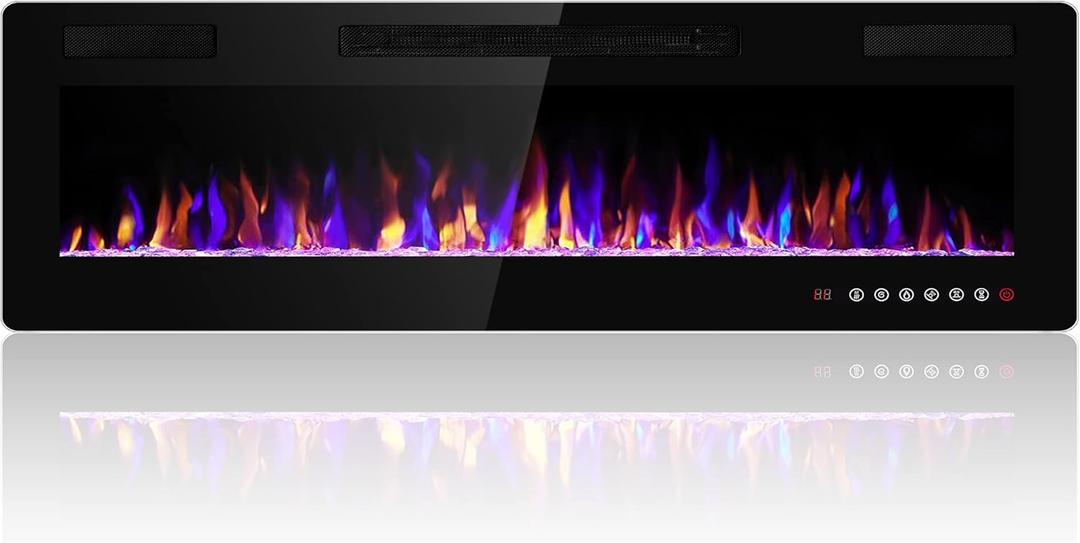 60 Inch Electric Fireplace Insert Ultra-Thin - Recessed & Wall-Mounted Fireplace Heater with Thermostat, Adjustable Flame, Remote Control - Linear with Timer, Touch Screen, 750/1500W , Black