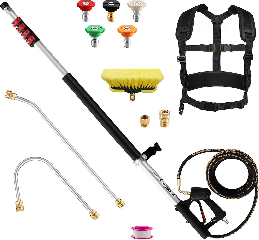 Pressure Washer Extension Wand 24 feet Power Washer Extension Wand 24 ft Telescoping Pressure Washer Wand Aluminum with Brush, Gutter Cleaner, 5 Spray Nozzle Tips, 2 Hose Adapters, Support Belt