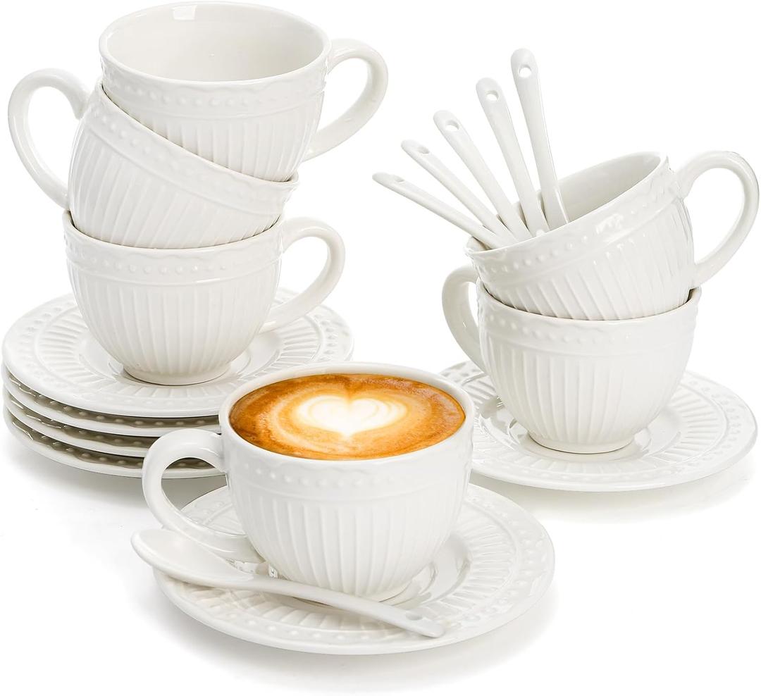 Jucoan Tea Cups and Saucers Set of 6, 7 Oz White Ceramic Coffee Cup and Saucers with Spoons Set, British Teacup Set for Cappuccino, Espresso, Latte, Tea Party Wedding Birthday Housewarming Gift