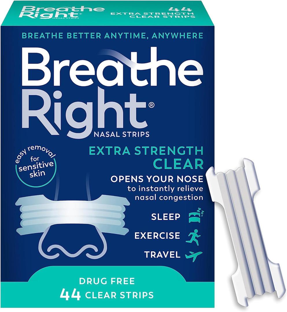 Breathe Right Nasal Strips | Extra Strength | Clear | For Sensitive Skin I Drug-Free Snoring Solution & Nasal Congestion Relief Caused by Colds & Allergies | 44 Count (Packaging May Vary)