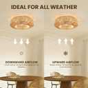 Siljoy 24" Boho Ceiling Fan Light and Remote, Rattan Chandelier Ceiling Fan Light, Gold Caged Fandelier with Lights Flush Mount, 6 Wind Speeds for Bedroom, Living Room, Dining Room, 23.6 Inch