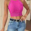 WDIRARA Women's Eyelet Halter Crop Top Lace Embroidery Slim Fitted Tops (Pink)