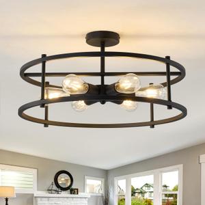 hesoge Large Semi Flush Mount Ceiling Light Fixture Black Cage Ceiling Light 6 Light Chandelier for Kitchen Dining Room Entryway Living Room Bedroom Foyer
