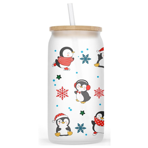 Cute Penguin Christmas Glass Cup - 16Oz Frosted Tumbler for Iced Coffee or Beer - Gift for Friend
