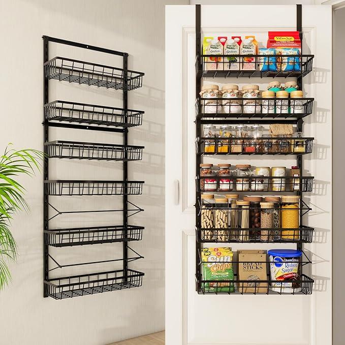 Mefirt Over The Door Pantry Organizer, Pantry Storage and Organization, 6-Tier Adjustable Hanging Baskets, Metal Wall Mount Spice Rack Seasoning Shelves for Home & Kitchen, Laundry Bathroom - Black