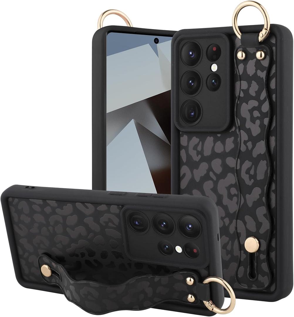 OOK Compatible with Samsung Galaxy S25 Ultra Leopard Case with Wrist Strap, Cute Black Leopard Cheetah Pattern, Soft TPU Bumper Shockproof Protection Slim Cover for Women Girls, for 6.9inch