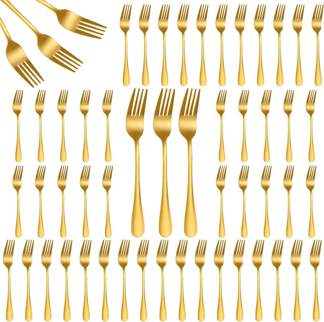 50Pcs Gold Stainless Steel Dinner Forks 8 Inch, Cutlery Forks, Metal Forks for Home, Restaurant, Kitchen, Dishwasher Safe Suitable for Salad, Dessert, Beef Steak, Spaghetti, Mirror Polished