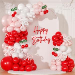 CROSSFINGERS Cherry Red Balloon Garland Arch Kit, Bow Pastel Pink and White Birthday Balloons Garland for Cherry Themed Birthday Baby Shower Wedding Galentine's Bridal Shower Party Decorations