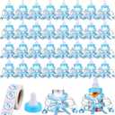 62 Pcs 3.5 Inch Baby Mini Milk Bottle Baby Shower Favor with 500 Adhesive Thank You for Showering Stickers, Small Plastic Bear Candy Bottle with Ribbon for Boy Girl Newborn Baptism Party Decor (Blue)