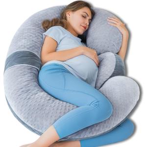 QUEEN ROSE Pregnancy Pillows, E Shaped Full Body Pillow for Sleeping, with Pregnancy Wedge Pillow for Belly Support, 60 Inch Maternity Pillow for Side Sleeper, Grey Velvet (Classic, Cozy Dot Velvet - Gray)
