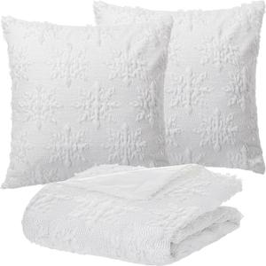 Tudomro Christmas Throw Blanket & Pillow Cover Set,White Plush Set of 3, Modern 3D Snowflakes Pattern 50x60 Inch Throw Winter Holiday Blanket for Xmas Sofa Couch Bed Home Decor Warm Gift