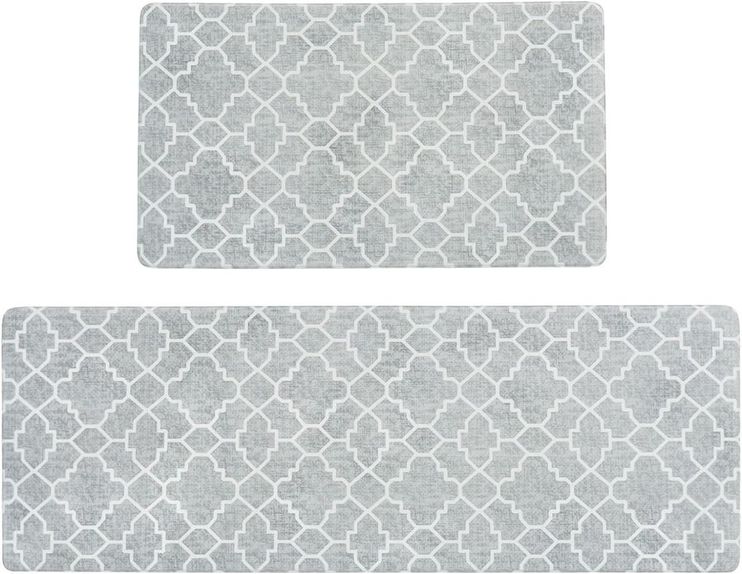FRESHMINT Kitchen Mat Set of 2, Anti-Fatigue Cushioned Kitchen Mats for Floor, Waterproof Non Slip Comfort Standing Mat, Boho Kitchen Rug for Kitchen Decor, Sink, Office, 17"x30"+17"x47", Stone Gray