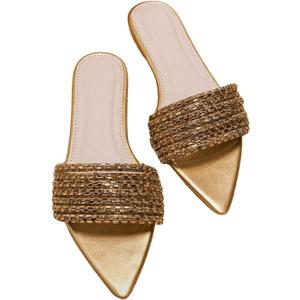 GORGLITTER Women's Rhinestone Sandals Sparkly Pointed Open Toe Dressy Summer Flat Sandals (9, Gold)