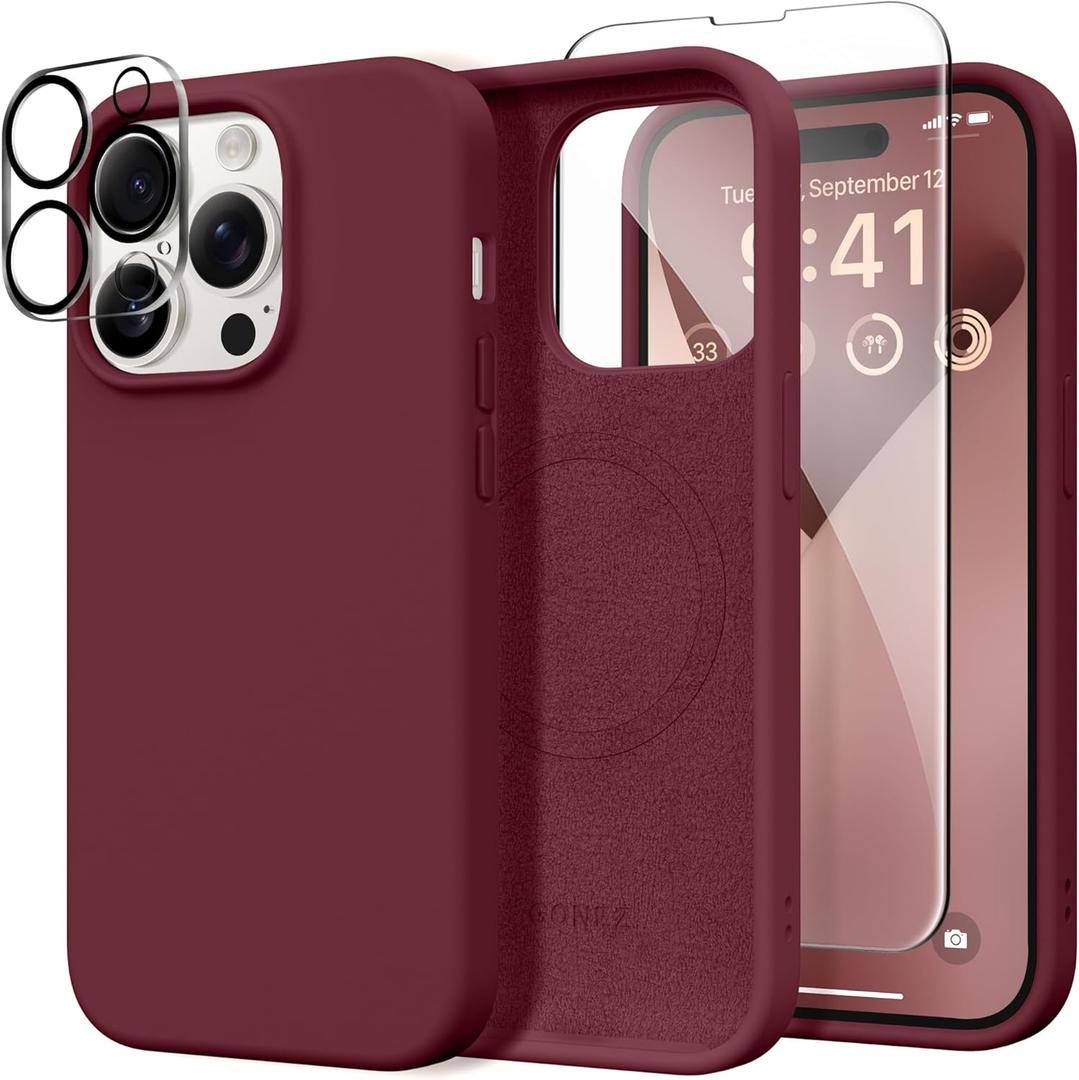 GONEZ for iPhone 14 Pro Max Case Silicone, Compatible with MagSafe, with Screen Protector + Camera Lens Protector, Liquid Silicone Shockproof Protective Phone 14 ProMax Case 6.7", Maroon