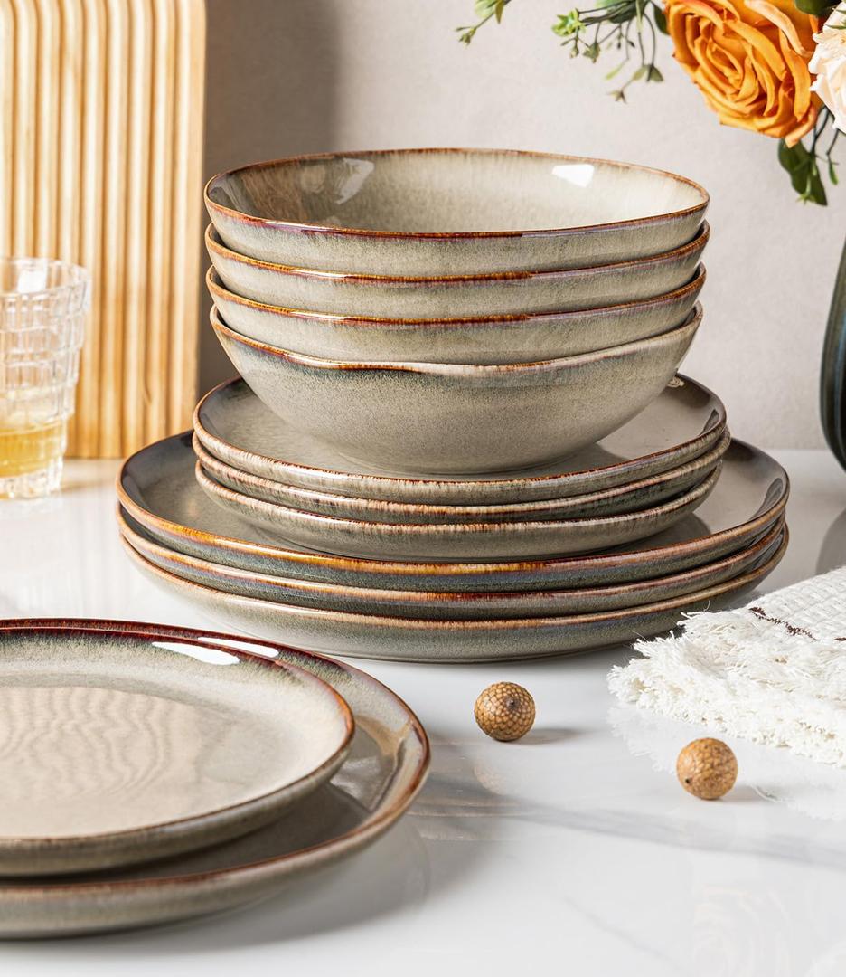 GBHOME Stoneware Dinnerware Sets for 4,12 Pieces Rustic Earthenware Plates and Bowls Set,Handmade Reactive Glaze Ceramic Plate Sets, Chip Resistant Dishes, Microwave & Dishwasher Safe,Driftwood Taupe