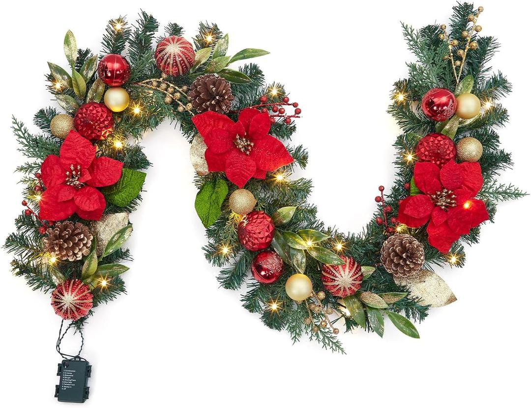 Lighted Christmas Garland, 6 Ft Battery Operated Christmas Garland with 20 LED Lights Red Gold Balls Poinsettias, Cordless Xmas Garland for Fireplace Mantle Staircase Indoor Outdoor Decorations