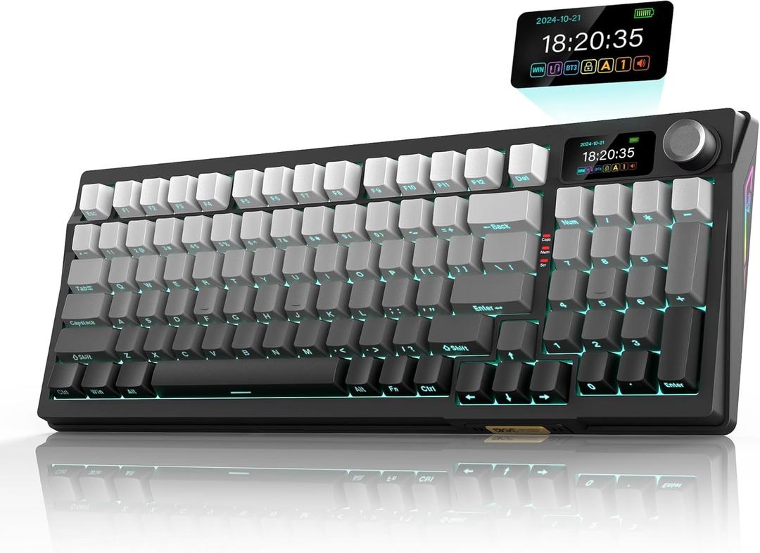 RedThunder K95 Wireless Mechanical Keyboard,TFT Screen & Knob, Trip-Modes Connection, Gasket Custom Hot-Swap Keyboard, RGB Backlit, Pre-lubed Linear Switches, Side Printed PBT Keycaps, Gray Gradient