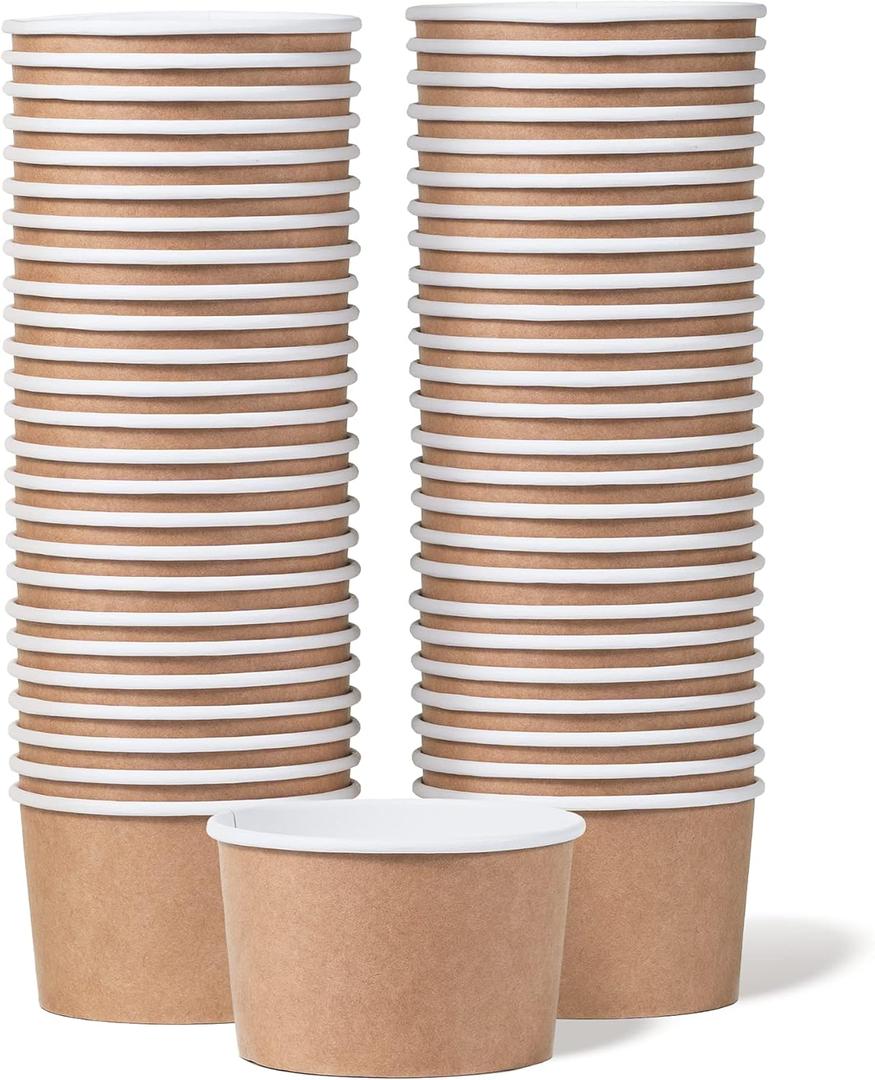 MATICAN Paper Ice Cream Cups - 50-Count 5.5-Oz Disposable Dessert Bowls for Hot or Cold Food, 5.5-Ounce Party Supplies Treat Cups for Sundae, Frozen Yogurt, Soup, Brown