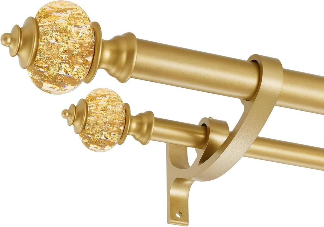 Double Curtain Rods for Windows 72 to 144 Inches, 1 Inch Front and 5/8 Inch Back Heavy Duty Double Curtain Rod, Double Drapery Rod with Stacking Tower Translucent Finials and Aluminum Bracket, Gold