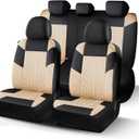 HChengkikz Car Seat Cover Full Set, Cloth Car Seat Covers, Car Seat Covers Airbag Compatible, Universal Fit for Most Cars, Truck, SUV (Black + Beige)