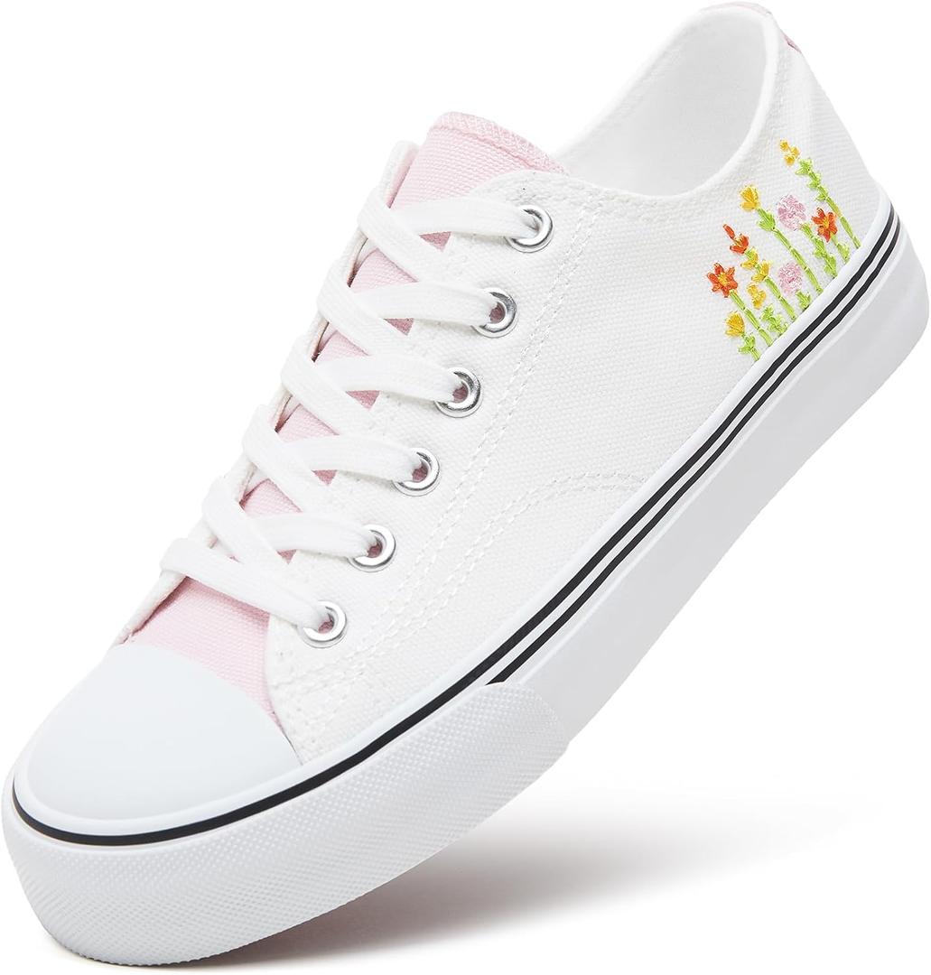 ZGR Womens Low Top Canvas Shoes, Lace up Canvas Sneakers, Casual Tennis Walking Shoes (White Flower.US9)