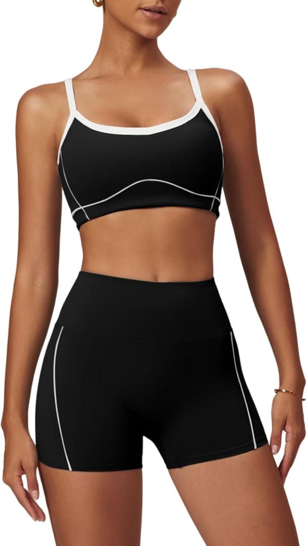 QBGJTD Two Piece Women Workout Sets Color Block Sports Bra and Scrunch Butt Lifting Shorts Gym Yoga Active Wear Outfits (Black, S)