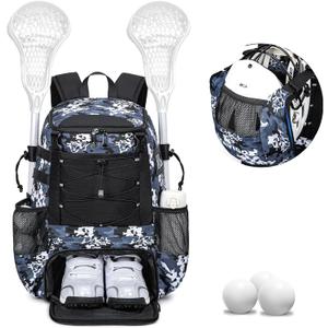 KAVIGOR Lacrosse Bag for Kids and Youth, Lacrosse Backpack with Helmet Holder and Shoes Compartment, Waterproof Field Hockey Gears Bag for Boys & Girls (Large, Camo Blue)