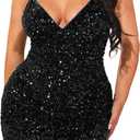 Floerns Women's Plus Size Sparkly Sequin Cami Mini Dress V Neck Bodycon Birthday Party Dresses (XX-Large Plus, Black)