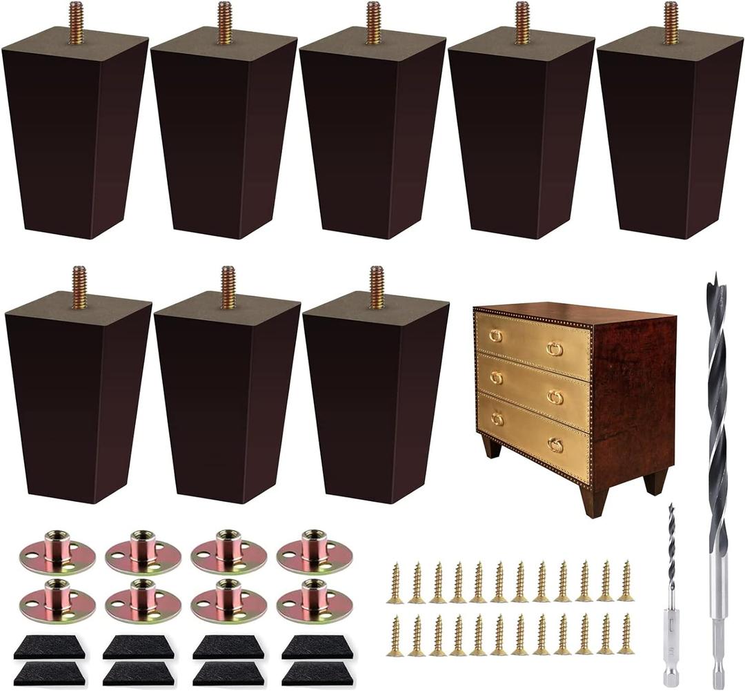 Sofa Legs Square Bed Feet 4 inch Wood Replacement Leg for Furniture Set of 8, Dark Brown