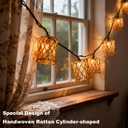 Decorative String Lights Plug in with 10 Incandescent Bulbs, Handwoven Rattan Cylinder-shaped Boho Lantern String Lights Connectable Weatherproof Outdoor Indoor for Bedroom Patio Pergola Decor (Beige)