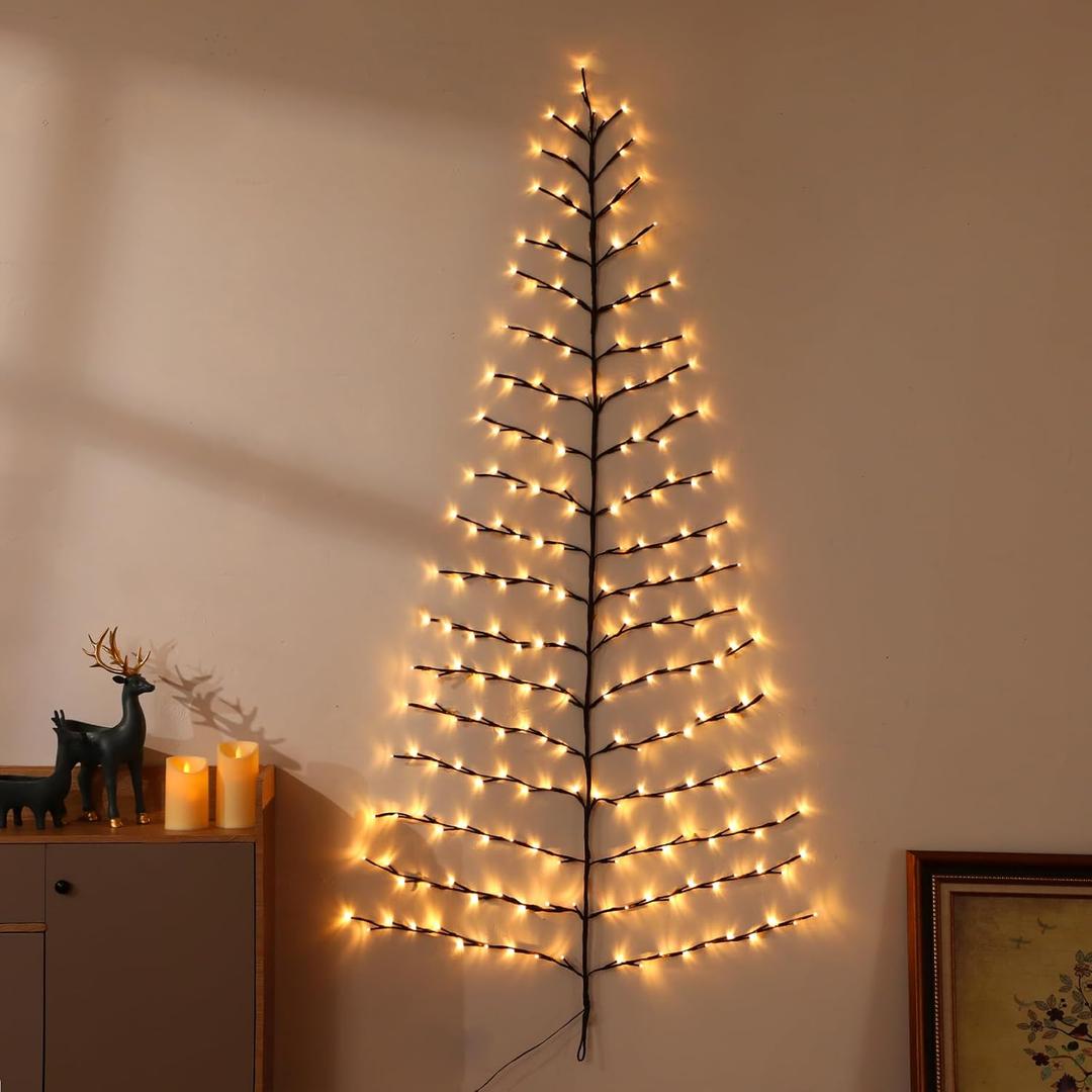 Lighted Christmas Wall Tree 6FT 219LED Warm White for Home Decor, Half Hanging Tree Lights for Living Room Wall Decoration