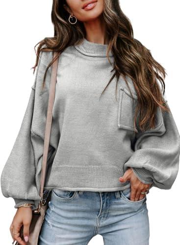 EVALESS Women's 2024 Lantern Long Sleeve Crewneck Sweater Casual Solid Color Ribbed Hem Knitwear Pullover Cropped Tops, Small