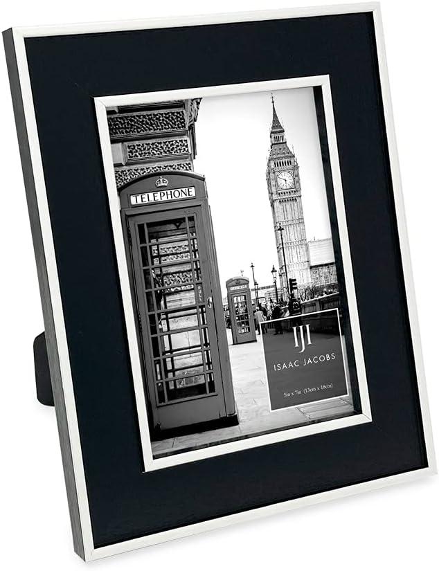 Isaac Jacobs 5x7 Black w/White (Vertical & Horizontal) Double Border Picture Frame w/Black Fabric Easel, Wall-Mountable, Made for Tabletop & Gallery, Home or Office (5x7, Black W/White)
