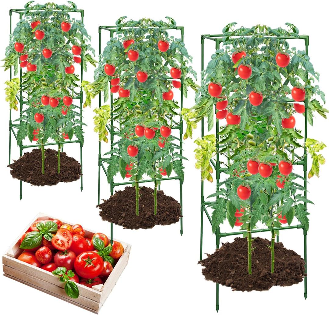 3 Pack Tomato Cages,Square Tomato Plant Stakes Support Cages Trellis for Garden Climbing Vegetables Flowers Fruits,Extra Bold (green)