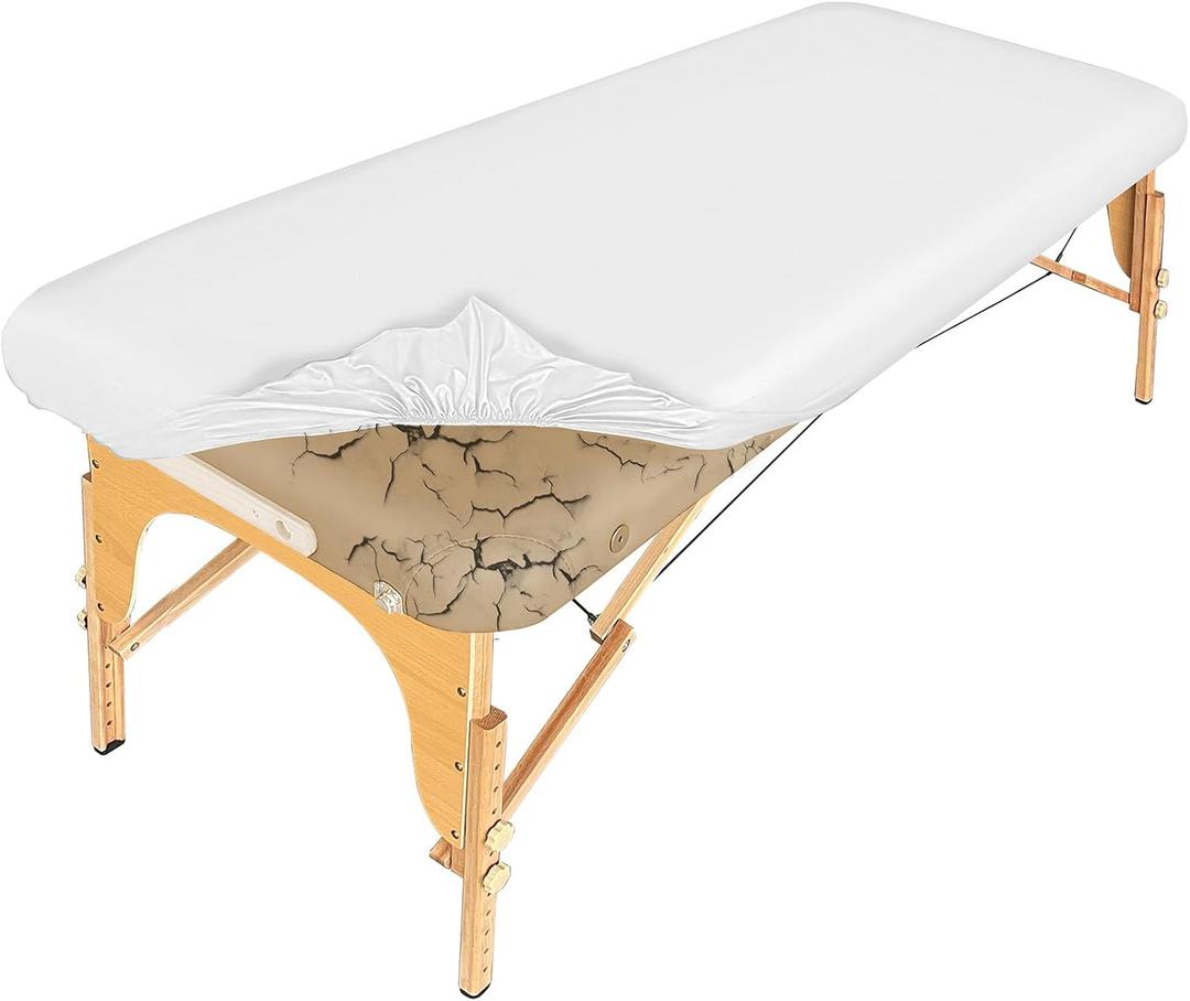 PU Leather Massage Table Cover Waterproof Massage Table Cover Protector Elastic, Anti-Wrinkle Wipeable Massage Bed Cover Fitted for 6FT Massage Bed/Spa Bed/Lash Bed (Pure White, 1Pcs) (70" x 30" (Rectangular))