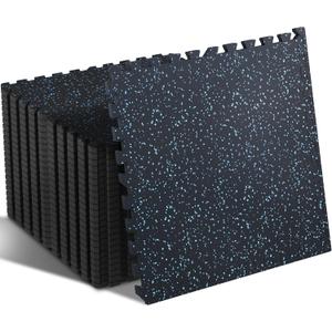 SUPERJARE 0.4'' Thick 24 Pcs 96 Sq Ft Rubber Top Exercise Equipment Mats, High Density EVA Foam Mats with Rubber Top, Interlocking Gym Flooring for Home Gym, Protective Workout Mat, Black/Blue