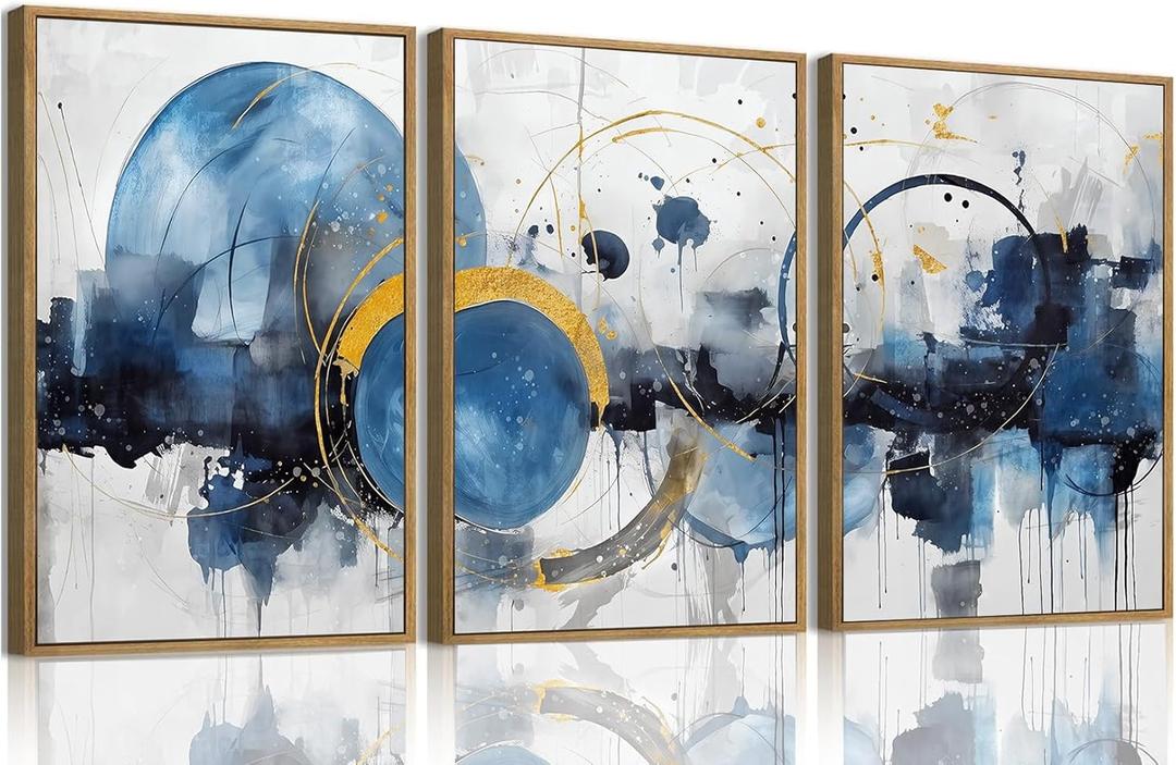 OIQArtOIQ 3 Piece Large Abstract Canvas Wall Art For Living Room Blue and Gold Framed Wall Art Modern Aesthetic Minimalist Art Prints Artwork For Bedroom Office Dining Room 12x16 in