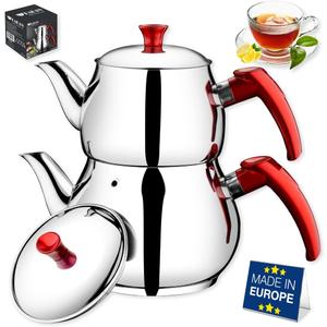 Hakan Teapot Set 93 Oz with Self Strainer Double Lids, Stainless Steel Midi Double Bondy Tea Pot Set 2.8 L, 2.9Quart, Turkish Samovar Style, Tea Kettle for Loose Leaf Tea with Red Bakelite Handle