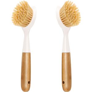 2 Pack Kitchen Dish Brush Bamboo Handle Dish Scrubber Built-in Scraper, Scrub Brush for Pans, Pots, Kitchen Sink Cleaning, Dishwashing and Cleaning Brushes are Perfect Cleaning Tools, White