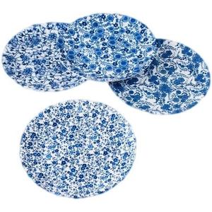 Blue & White Floral Pattern Picnic/Dinner Plate, 9 Inch Melamine, Set of 4