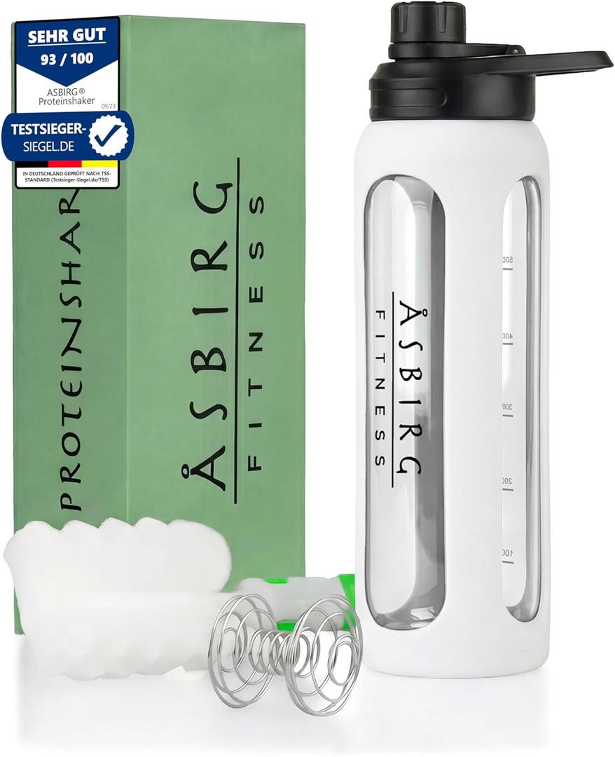 2.0 Fitness | Protein Shaker Made of Glass | Protein Shaker | Drinking Bottle | with Spiral Ball | 24 oz (White)