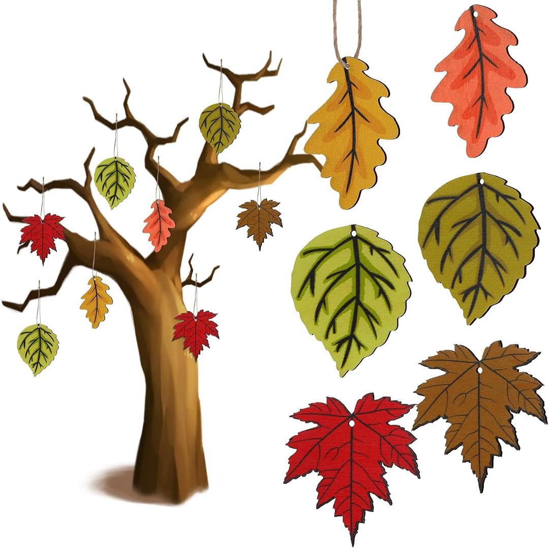 Jetec 24 Pcs Thanksgiving Wooden Ornaments for Tree Fall Maple Leaves Ornaments Wood Hanging Crafts Autumn Hanging Decorations for Thanksgiving Autumn Fall Harvest Decorations