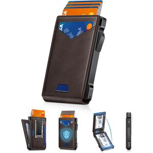 Wallet for Men RFID Wallet with 2 ID Windows & Money Clip, Slim Pop Up Card Holder for 10-12 Cards, Bifold Minimalist Smart Wallet for Front Pocket, Compact Metal Credit Card Holder, Gifts for Men (Coffee)