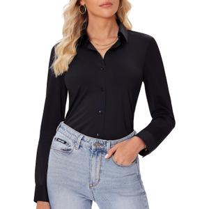 siliteelon Button Down Shirts for Women Slim fit Long Sleeve Stretch Dress Shirts Work Shirt Wrinkle Free Office Blouses (Medium, Black)