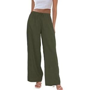 Duyang Womens Cotton Linen Palazzo Pants Drawstring Elastic Waist Casual Wide Leg Trousers with Pockets (Green), Large